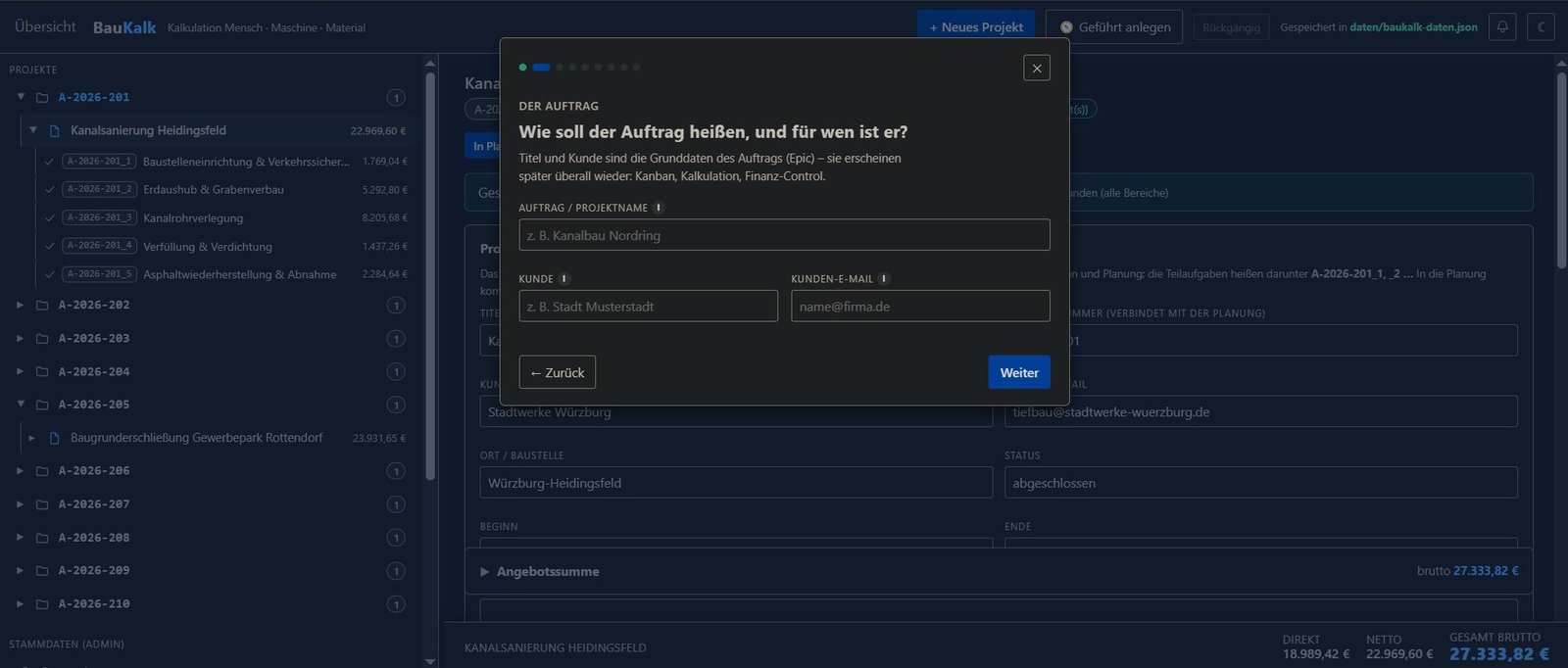 Geführter Assistent für neue Aufträge